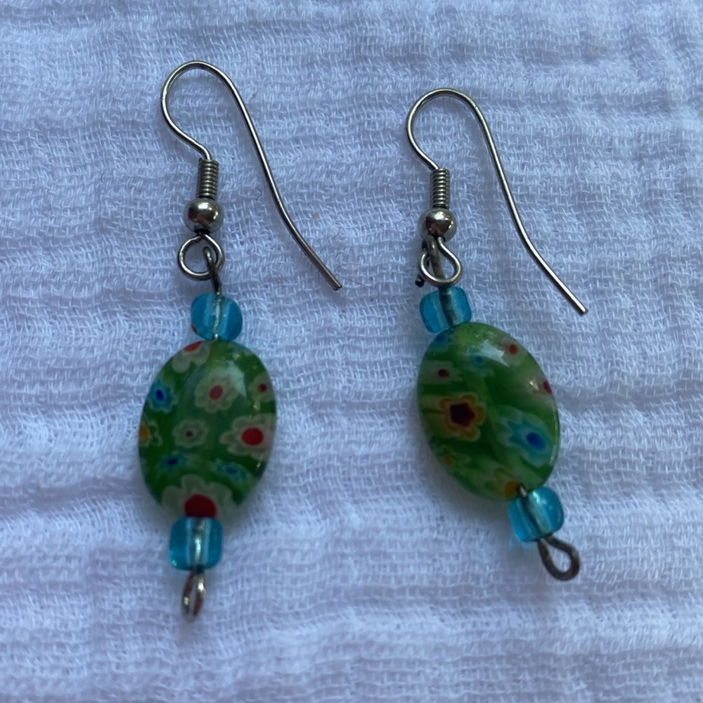 Flowerā Glass Bead Dangle Earrings Hippie Floral Blue Green Silver